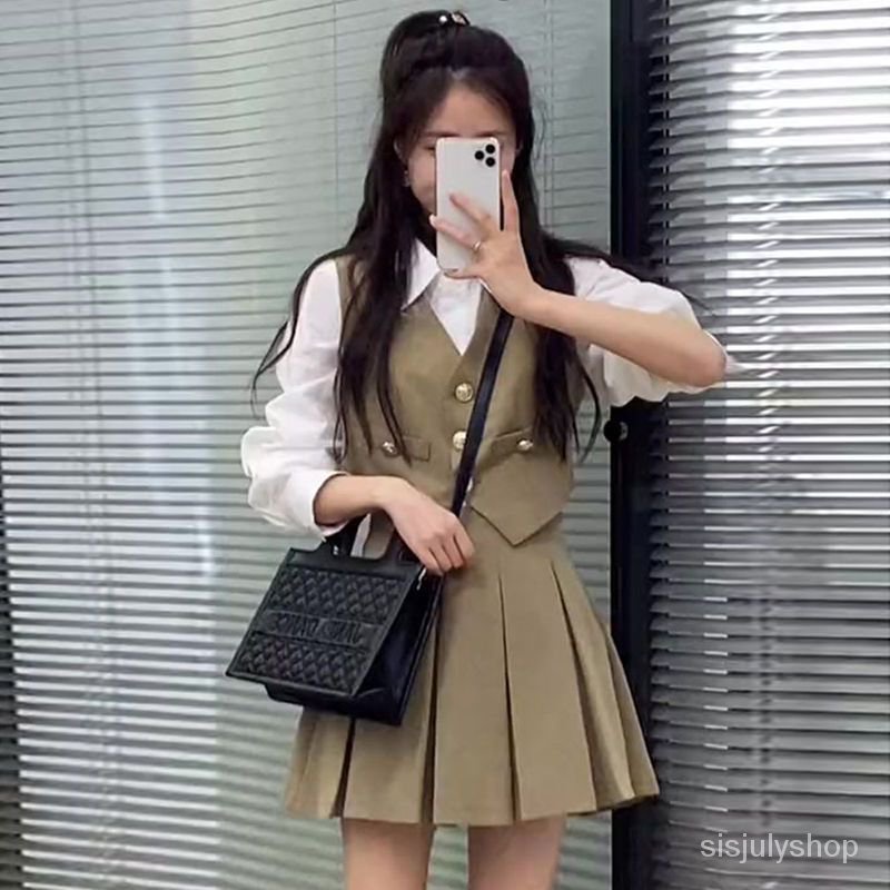 #Sisjuly# Rok lipit rompi wanita mengatur versi Korea baru dari seratus kemeja tiga set