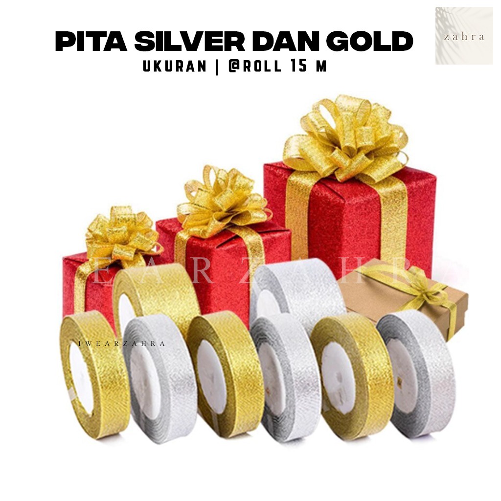 PITA GLITTER GOLD SILVER -  Gift Souvenir Ribbon Flower Bouquet Buket Bunga Kado Hampers Hantaran Hiasan 1/8 1/2 3/4 1 2 inch cm Roll Hiasan Berkilau Aksesoris Dekorasi Murah