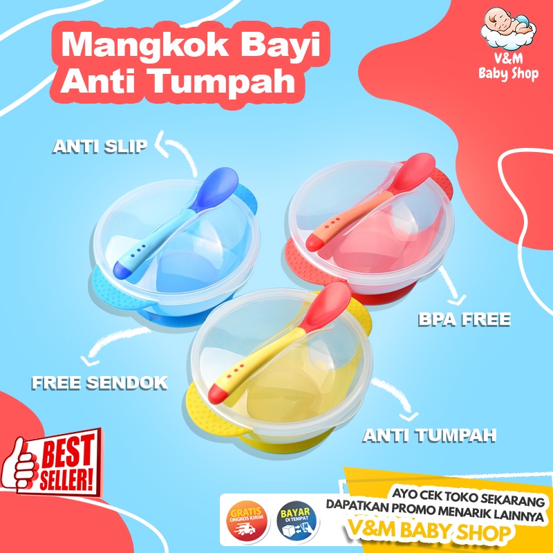 VnM018 | Mangkok Bayi Anti Tumpah / Set Tempat Makan Bayi Anti Slip / Mangkok+Tutup+Sendok / Perlengkapan Bayi