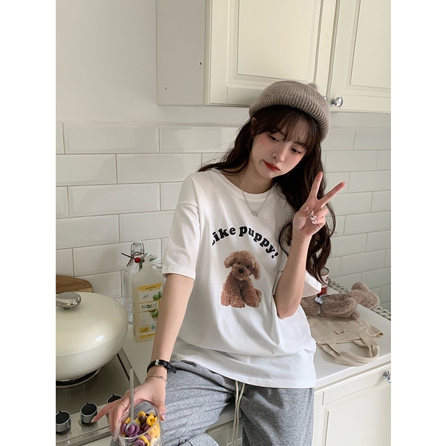 EUNII T-shirt Lengan Pendek Kartun Mewah Anjing Pencetakan Longgar Korean Style/Kaos Atasan Wanita/Baju Kaus Oversize Wanita