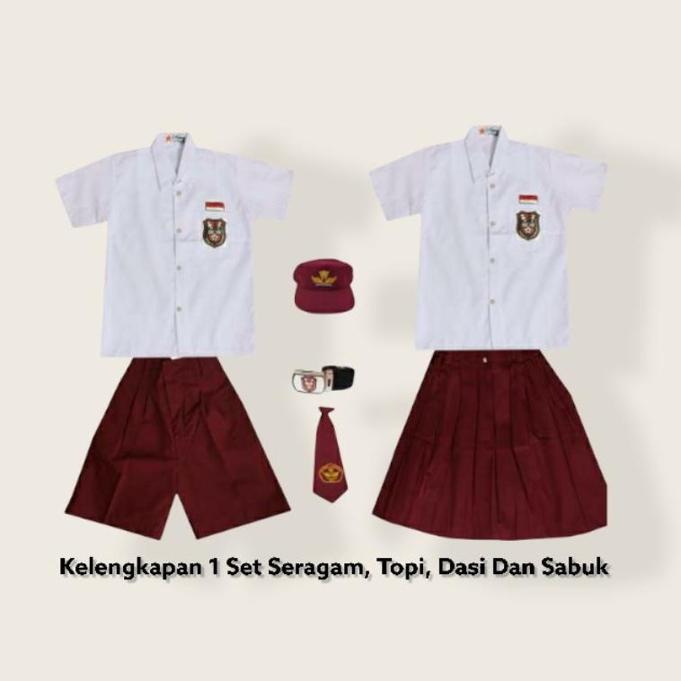 Seragam Sekolah SD Setelan Lengkap Baju Putih Pendek Celana Atau Rok Rempel Merah Pendek Sekolah SD 