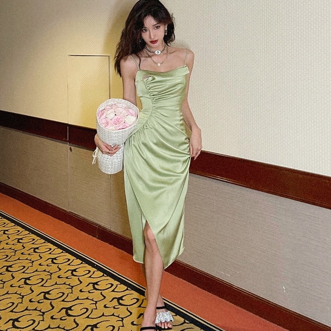 【Moon Blush】Summer Asymmetrical Slip  Bodycon Sleeveless Green Midi Dress 7502