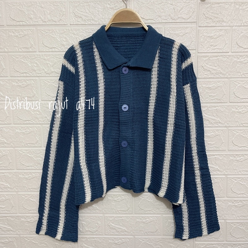 Nagoya Crop Knit Cardigan / Cardigan Wanita Berkerah Premium / Cardigan Stripes Motif