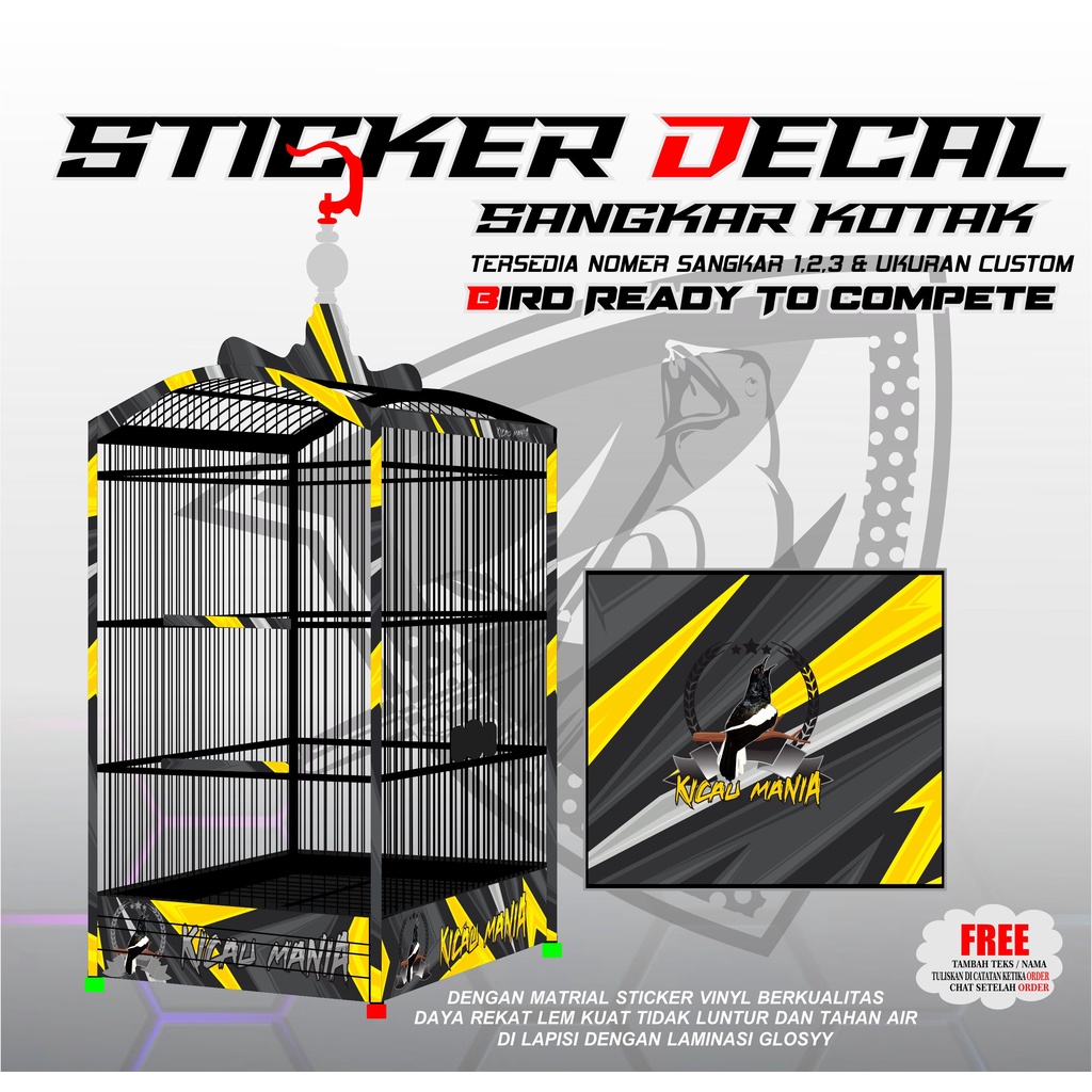 DECAL EBOD TEBOK  STICKER KANDANG BURUNG SANGKAR KOTAK NO 1,2,3 KACER STRIP KUNING