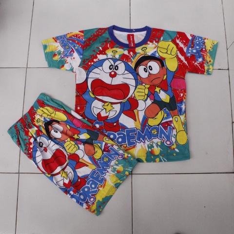 setelan baju anak doraemon full printing/ baju anak anak motif doraemon printing