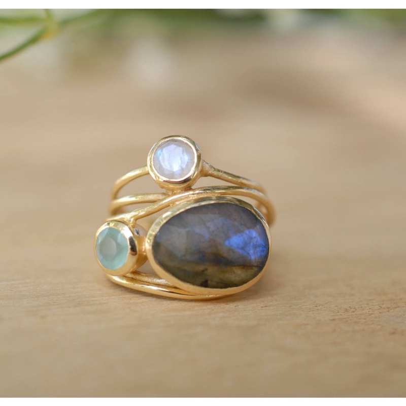 Goldkingdom Perhiasan Fashion 24K Bangkok Aksesoris Ready Stock Berlapis Emas Asli Kadar 375 Dengan Batu Bulan Warna-Warni, Kreatif Multi-layer Shell Cincin Untuk Wanita