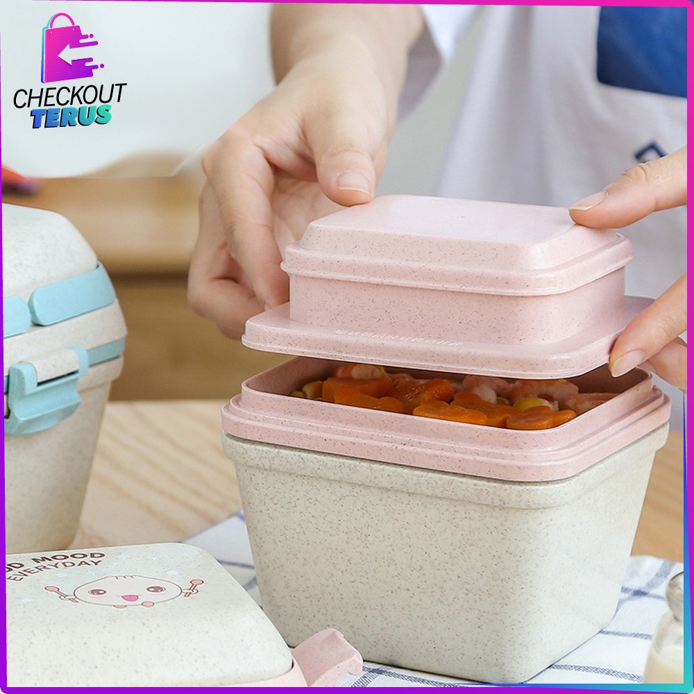 CT C692 Tempat Bekal Bento Set Microwavable Good Mood Everyday Portable BPA FREE Anti Tumpah Free Sendok Bahan PP Jerami Gandum Kotak Makan Lunch Box Set