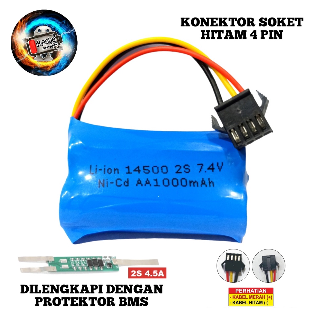 Baterai Mainan Anak/ RC/ Batrai Speaker &amp; Elektronik Lainnya 2X 14500 1000mAh 7.4V Protektor BMS 2S 4.5A SOKET HITAM 4 PIN