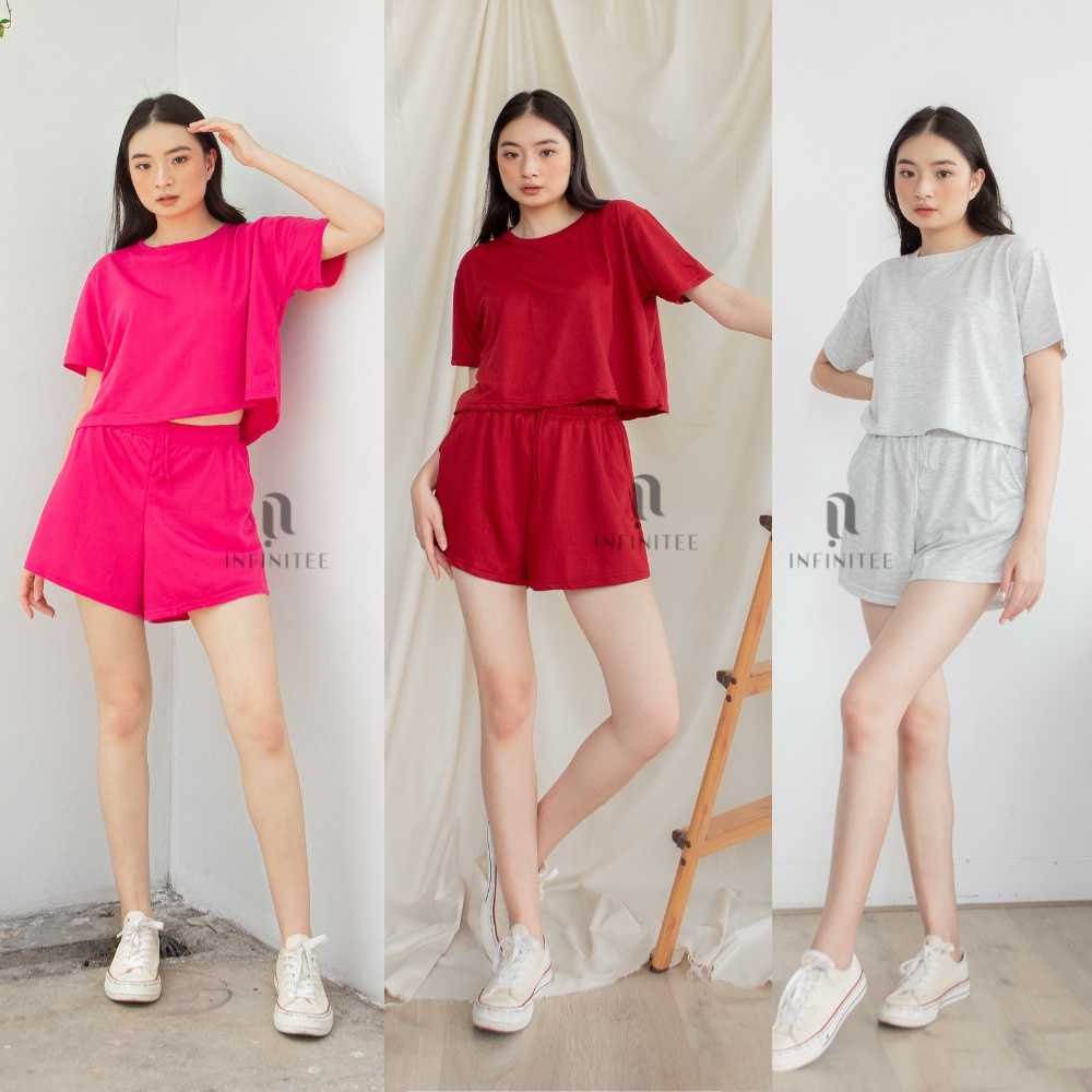 Setelan Wanita Crop Top Set Lengan Pendek dan Celana Pendek Wanita Stelan Jumbo Wanita