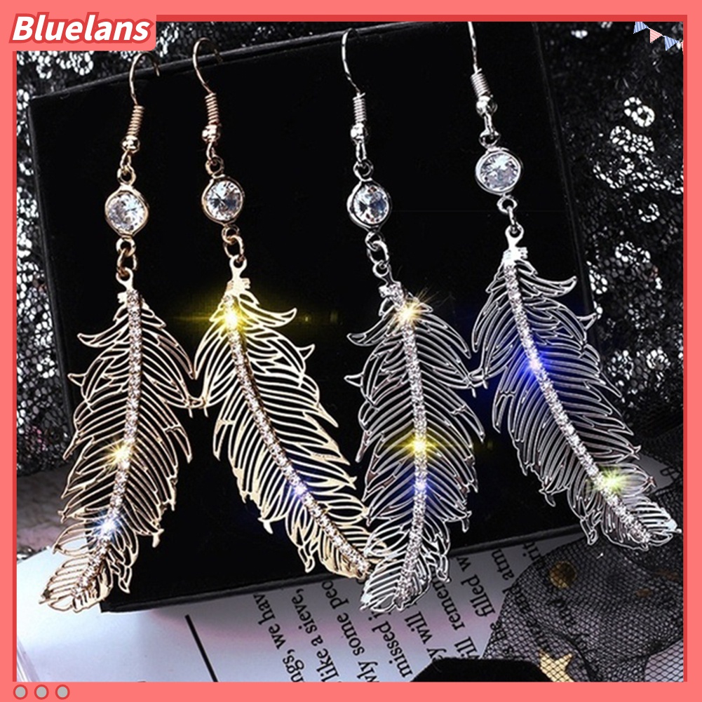 Anting Kait Gantung Panjang Desain Bulu Hollow Hias Berlian Imitasi Bahan Metal Untuk Wanita