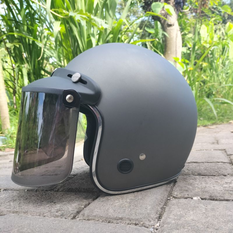 HELM BOGO LIST CHROME ORIGINAL SNI RETRO DEWASA KACA DATAR