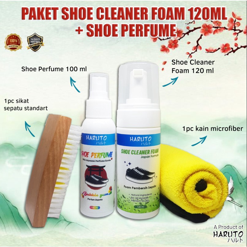 Paket pembersih sepatu Haruto shoe cleaner foam 120ml+shoe perfume+sikat sepatu+kain microfiber lembut uk 30x30