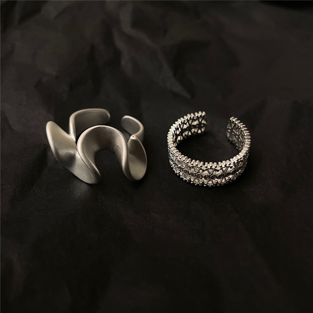 【COD Tangding】2pcs / SET Cincin Model Terbuka Desain Ombak + Zircon Warna Silver Matte Untuk Anak Laki-Laki / Perempuan