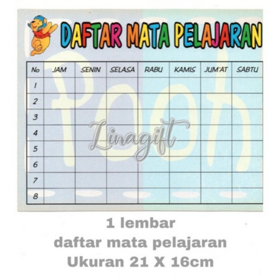 ( 1 Lembar ) DAFTAR MATA PELAJARAN - BUKU LIST W1NNIE TH3 P00H - TABEL 8 X 7 KOTAK