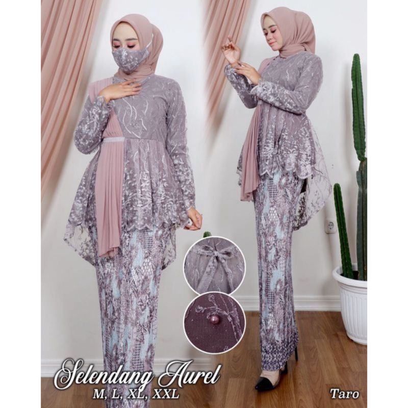 SETELAN KEBAYA AURORA TILLE SELENDANG MIX ROK PLISKET BATIK PANJANG DEWASA JUMBO BAJU KEBAYA WANITA 