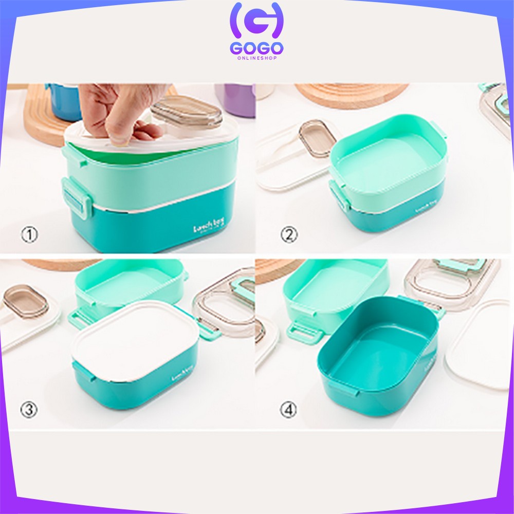 GOGO-C696 Tempat Makan Set 2 Tingkat Anti Tumpah / Lunch Box Susun Free Sendok Portable / Kotak Bento Tingkat Dengan Pegangan Set BPA FREE  VARIASI