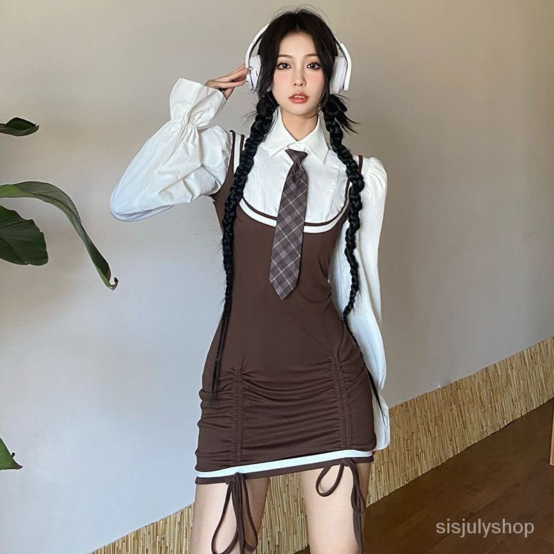 Hot Girl Serut Lipit Dress Wanita + Lengan Berkobar dan Dasi Pendek Top Dua Potong Set