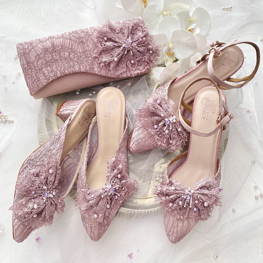 Matching Set Purple Selop Sandal Sepatu Pesta Wanita Block Heels & Tas Clutch AVEDA 6436 SALE CUCI G