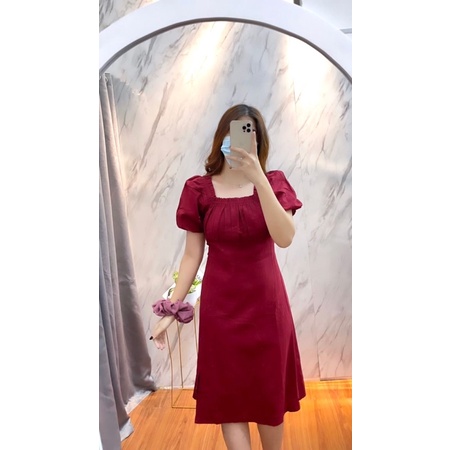 463 DRESS PUFFY PREMIUM BAHAN LINEN VOXY LD 100CM MELAR KE 110CM FREE SCRUNCHIES GROSIRAN MURAH