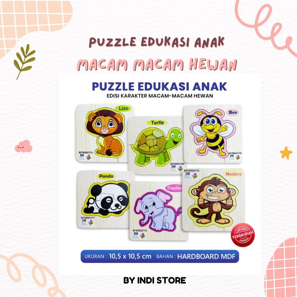 Puzzle Edukasi Anak / Puzzle Kayu / Puzzle Anak Seri Hewan Lion Turtle Bee panda Elephant Monkey Ukuran 10 Bahan MDF