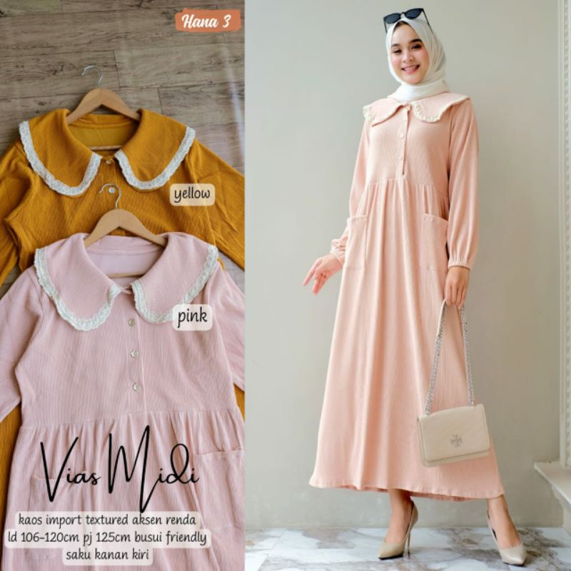 VIAS MIDI ORIGINAL HANA || Gamis Midi Dress Kaos Import Polos Kekinian