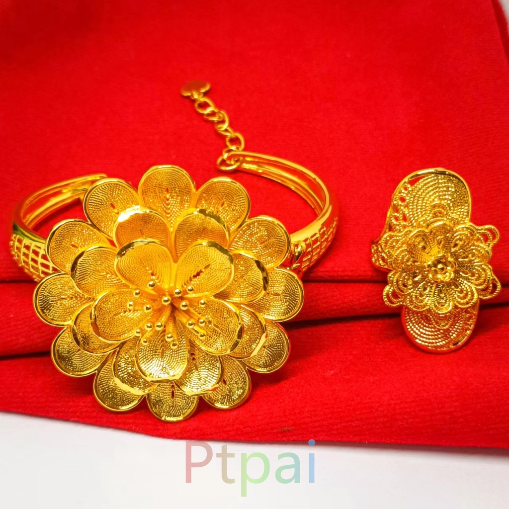 Set Gelang Kendari  lapis emas 24k gold Matahari free cincin terbaru fashion Dubai Perhiasan xuping bunga bangle