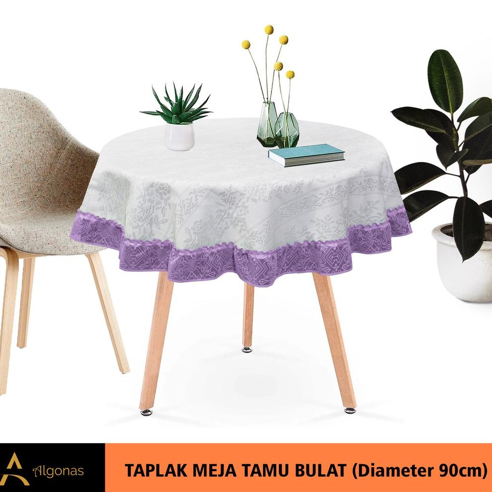 GQ.22Oc22ᴸ • Taplak Meja Tamu Bulat Putih Print & Polos Berenda (Diameter 90)