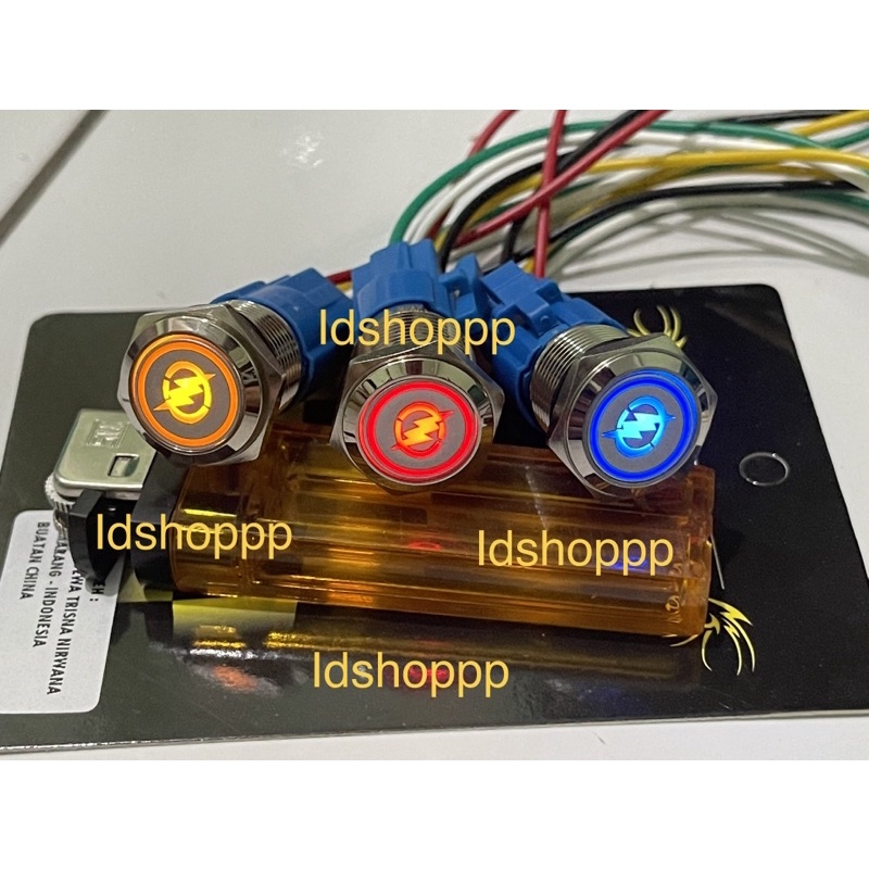 Saklar LED Stainless Tombol Dim Klakson Stater Push Button Metal plus soket dan kabel