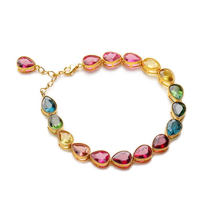 Goldkingdom Perhiasan Fashion 24K Bangkok Aksesoris Ready Stock Mewah Berbentuk Cinta Drop Pear Shaped Bracelet Lapis Emas Asli Kadar 375 18karat Gelang Permata Warna-Warni