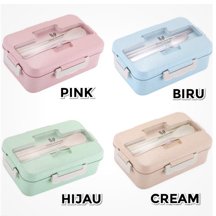 Lunch Box Set / Kotak Bekal Makan Jerami / Kotak Makan Anti Tumpah Free Sendok Garpu Sumpit / Tempat Makan 1000ml 4in1 Lunch Box Set Bento