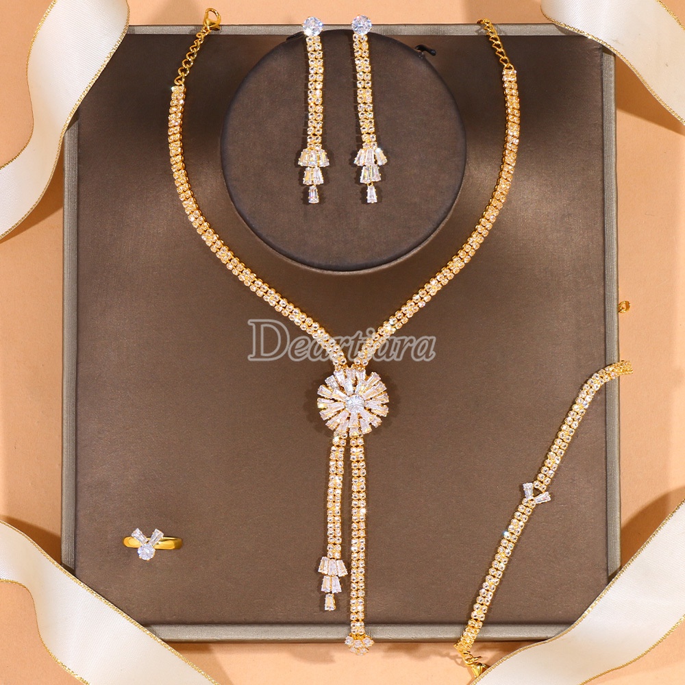 Set Perhiasan Kalung Bentuk Bunga Bahan Zirkon Untuk Pengantin