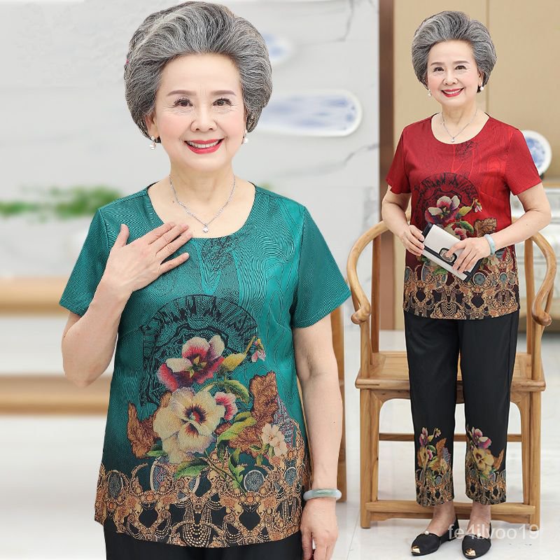 Wanita Musim Panas Nenek Baju Lengan Pendek Cocok untuk Orang Tua60-70Ibu Musim Panas Pakaian Dua Po