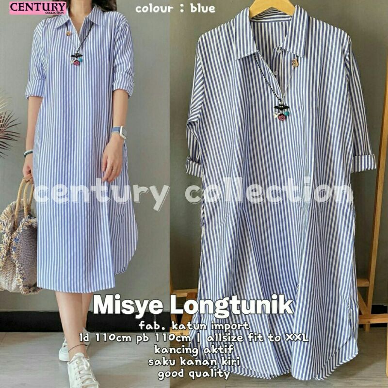 Misye Long tunik warna biru atasan tunic cewek salur garis bahan Katun LD110 terbaru motif oversize