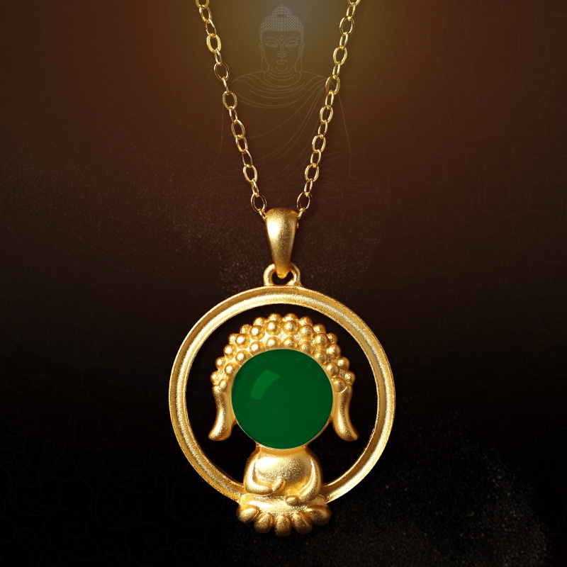 Goldkingdom Fashion Perhiasan 24K Bangkok Aksesoris Ready Stock Buddha Liontin Bertatahkan Wada Giok Putih Jasper Emerald Gilt Kalung Perempuan