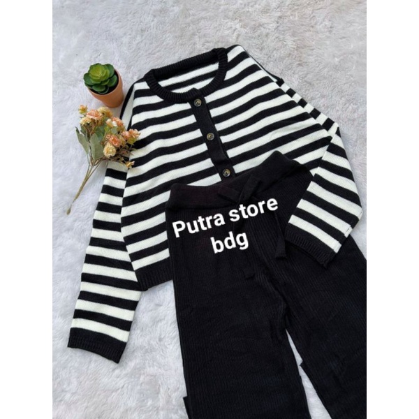 One set Tiara crop Cardi strip + Kulot rajut premium