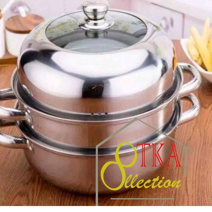Murah PANCI KUKUS 3 SUSUN 2 SUSUN TINGKAT, Panci kukus tutup kaca, Panci kukusan ukuran 28 cm tutup 