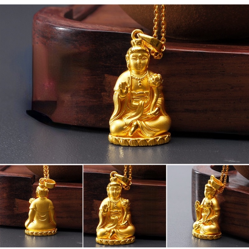 Goldkingdom Fashion Perhiasan 24K Bangkok Aksesoris Ready Stock Berlapis Emas Asli Kadar 375 Buddha Liontin 3D Emas Asli Kadar 375 Guanyin Bodhisattva Kalung Pria Dan Wanita Zodiak