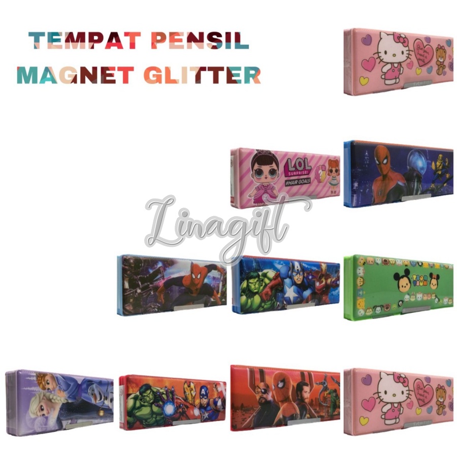 TEMPAT PENSIL MAGNET AIR GLITER / PENCIL CASE M WATER GLITTER UNICORN / FLAMINGGO / FROZEN / CARS / PRINCESS/ SPIDERMAN / TSUM TSUM / AVENGERS / HELLOKITTY / LOL / FROZEN / IRONMAN / HULK CAPTAIN AMERICA / MY LITTLE PONY