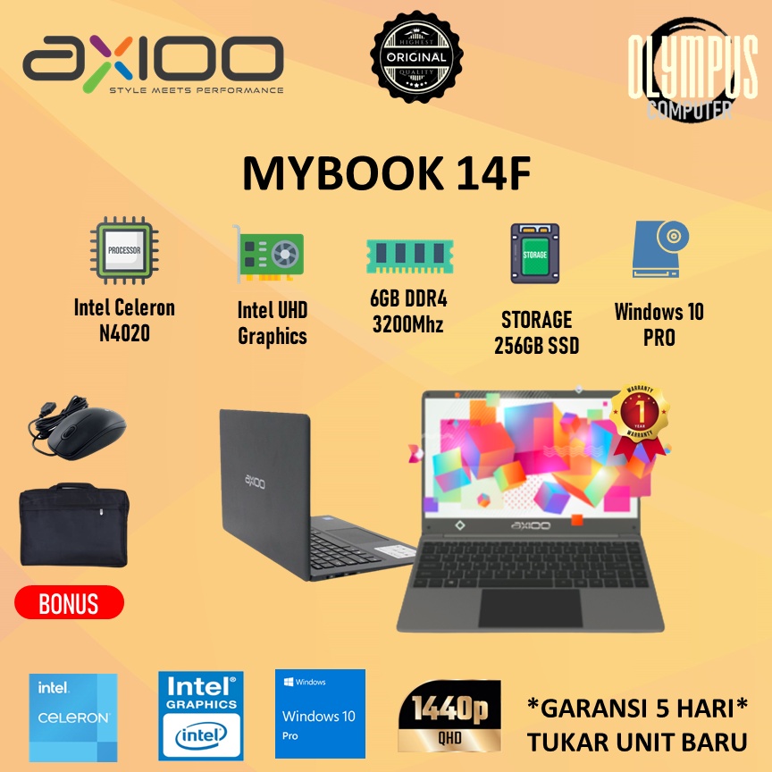 Laptop Axioo Mybook 14F 2.5K N4020 6GB 256SSD W10PRO 13.3WQXGA