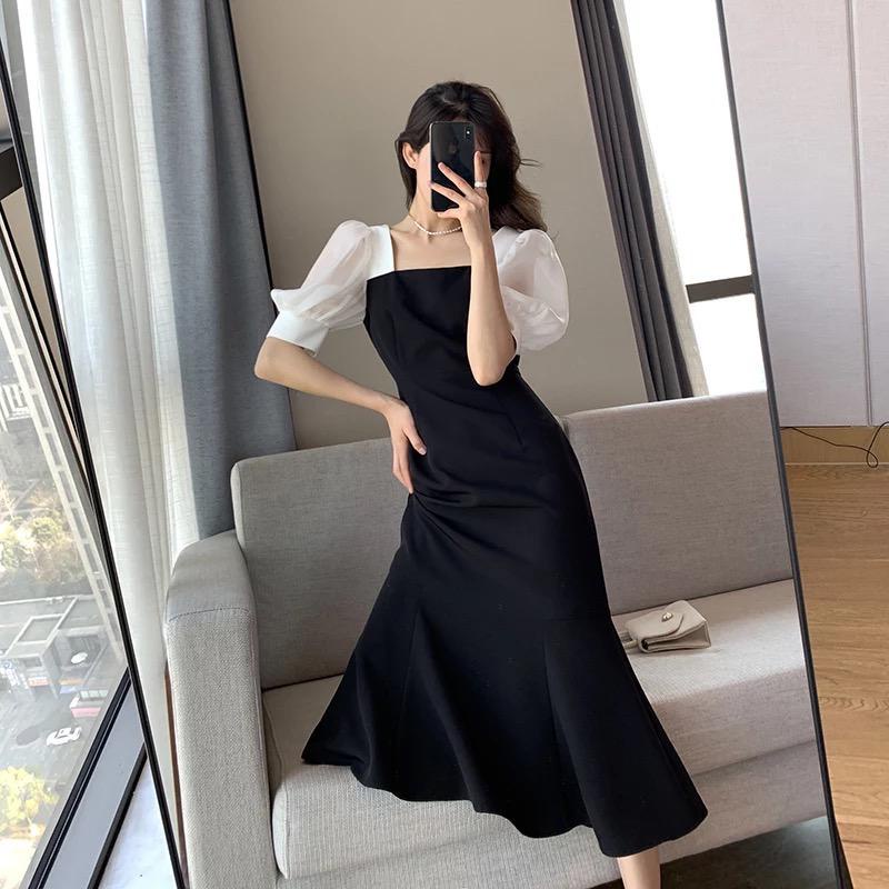 Basic id fashion Dres wanita  lengan pendek kombinasi / Gaun wanita elegant / Dres wanita pesta korean