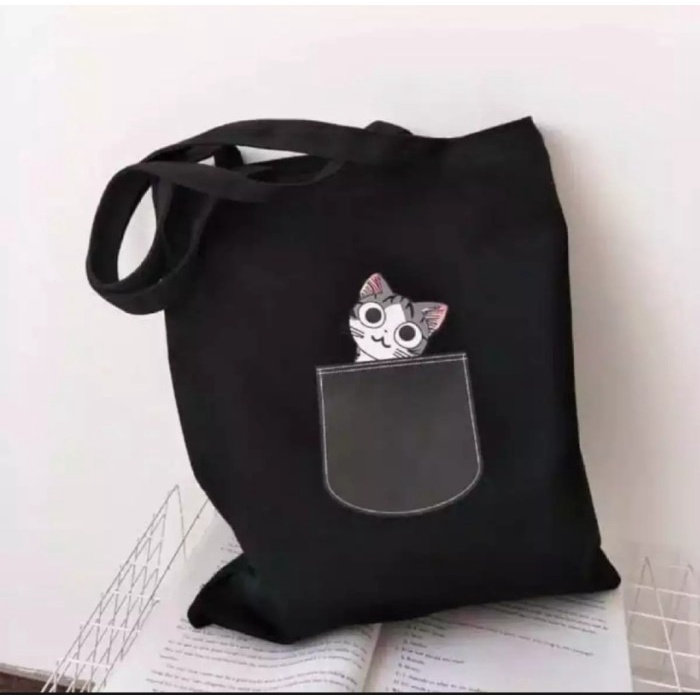 PROMO TAS WANITA Tas Kanvas Tote Bag Wanita Pakai resleting / ToteBag Murah Unisex Cat - Hitam TERBA