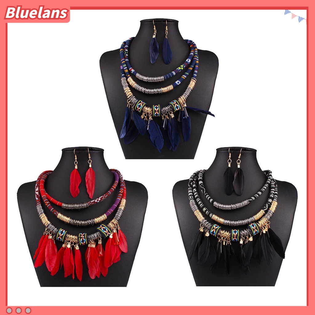 2pcs / Set Kalung Anting Rumbai Bulu Multilayer Bahan Alloy Gaya Bohemian Etnik Untuk Aksesoris Perhiasan