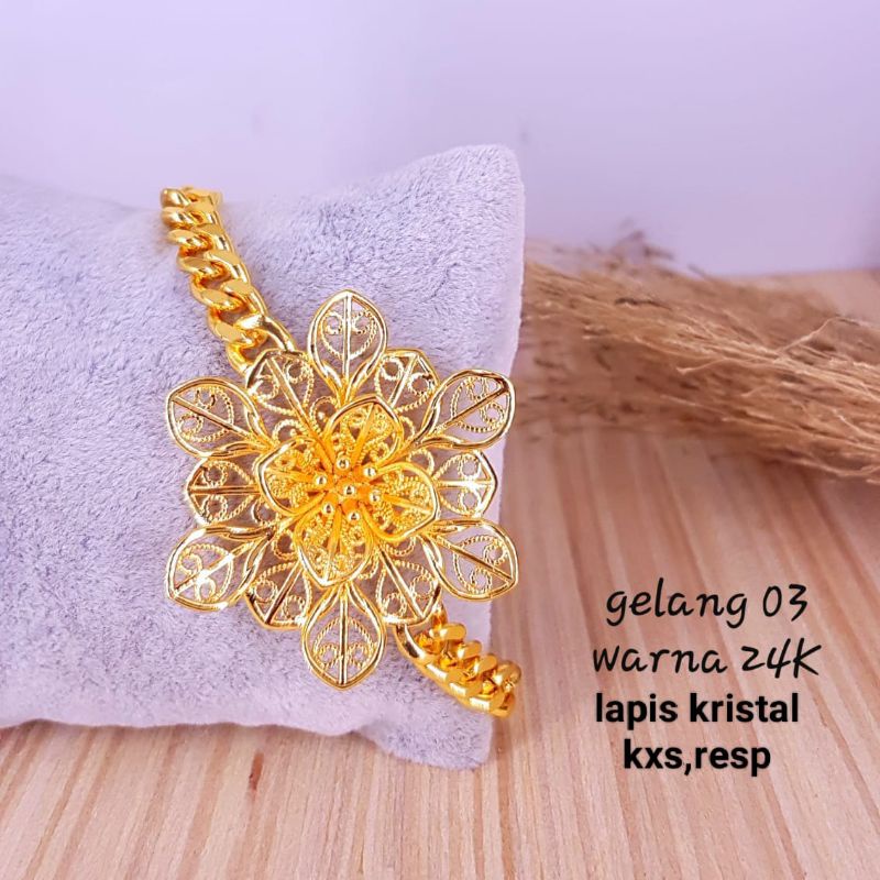 Gelang lapis kristal warna emas 24k, warna lebih awet