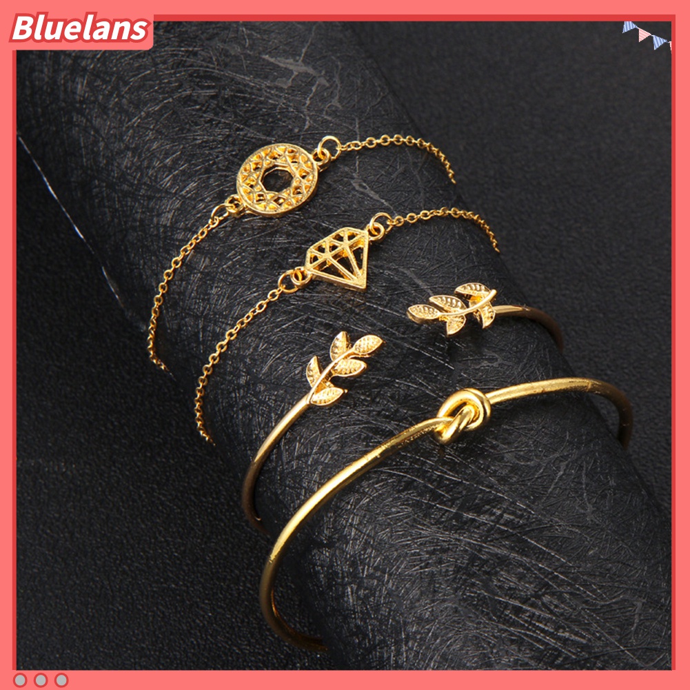 4pcs / Set Gelang Bangle Model Terbuka Bentuk Daun Simpul Berlian Gaya Retro Untuk Wanita