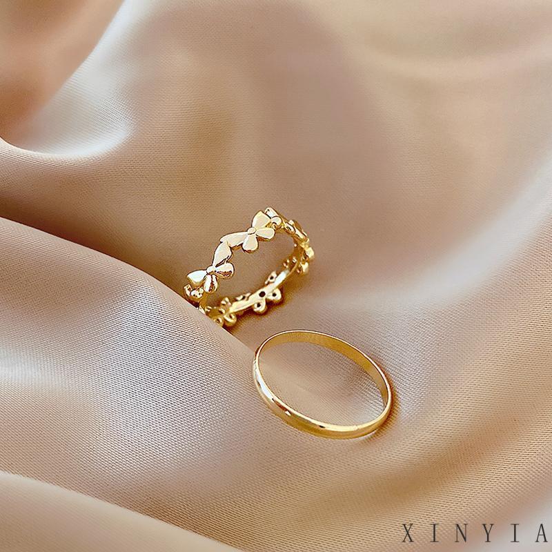 【Bayar di tempat】Korea Adjustable Cincin Model Terbuka Desain Kupu-Kupu Geometris Cross layer Ganda Aksen Mutiara Untuk Wanita Fashion Aksesoris
