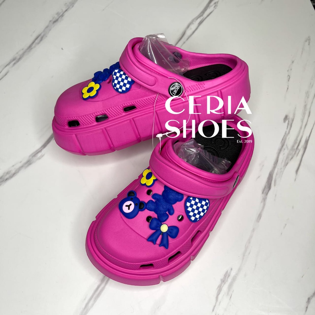 EVA Ringa Sandal Slop Wanita Korean Import Spons Rubber Tebal Tinggi Karet Super Empuk Anti Slip Wedges Slides include Jibbitz BLUES BEAR Summer Sandals