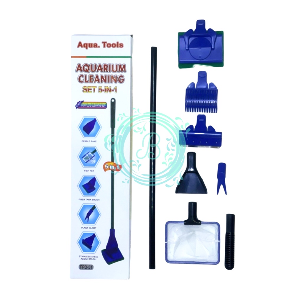 Aqua Tools Aquarium Cleaning Set 5in1 Tongkat Cleaner Alat Pembersih Kaca Scraper Aquascape Yamano