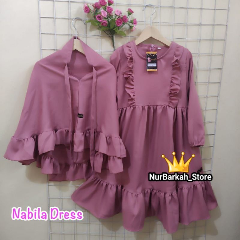 GAMIS ANAK NABILA DRESS+ JILBAB REMPEL USIA 1-10 TAHUN WARNA PUTIH MANASIK HAJI,MOCCA, DOVE MILO, PE