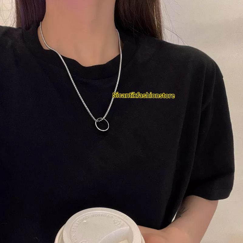 Kalung Titanium Bandul Cincin Silver Fashion Wanita Pria Terbaru Terlaris Anti Karat Selamanya Kalung Liontin Cincin Wanita Bandul Cincin Silver