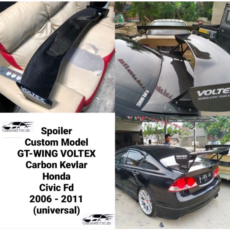 Spoiler Custom Model GT-WING VOLTEX Honda Civic Fd 2006 - 2011 Carbon Kevlar Asli Serat